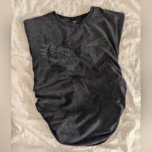 AFRM Cap Sleeve Acid Wash Black Tee Wings Design, Ruched Sides, Shoulder Pads